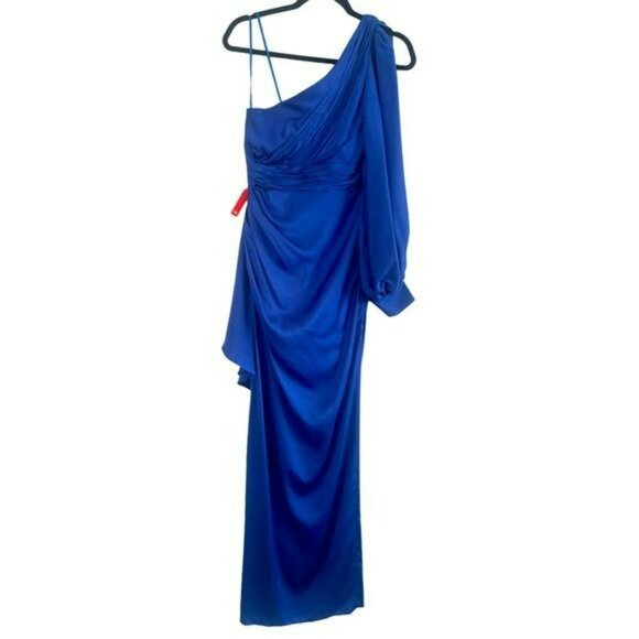 Ileena Mac Duggal One Shoulder Long Sleeve Sapphire Blue Maxi Dress Formal Gown - Picture 4 of 9